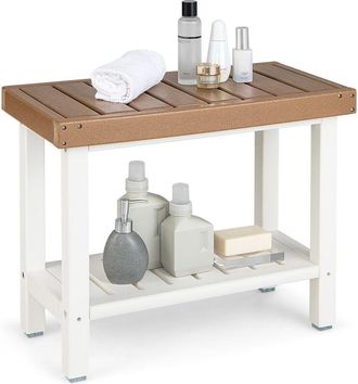 Costway 2-Tier Shower Bench Waterproof HDPE Bathroom Shower Stool-Coffee