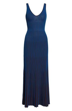 Staud Claretta Stripe Sleeveless Maxi Dress in Espresso/Cobalt at Nordstrom, Size X-Large