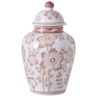 Beliani Jarr&oacute;n Con Tapa Para Flores Florero Accesorio Decorativo De Porcelana Blanco Y Rojo Moguer