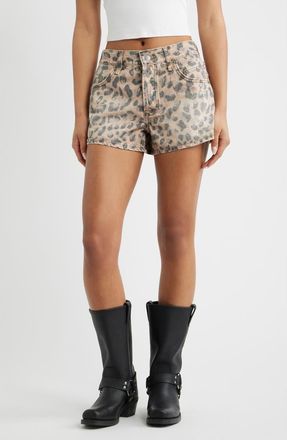Free People Now or Never Leopard Print Denim Shorts in Brown Sugar Combo at Nordstrom, Size 25