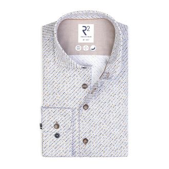 R2 Amsterdam Blauw Mini Print Stretch Overhemd - Heren - Overhemden - Veelkleurig - Maat: M Katoen