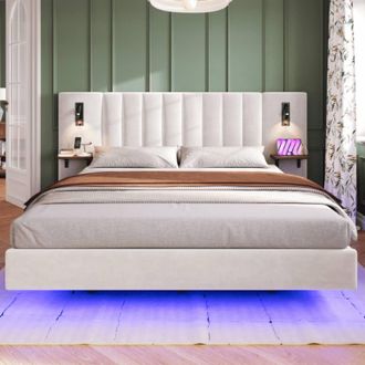 Matteo Upholstered Bed, Adults Teenagers King Bed 2 Bedside Lamps, Headboard Storage Function in White | Size: Double