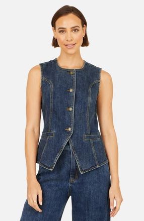 Yumi Stretch Long Denim Waistcoat in Blue at Nordstrom, Size 12