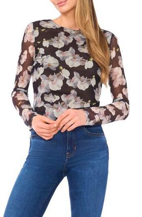 Ted Baker Floral Mesh Top in Rich Black at Nordstrom Rack, Size X-Small