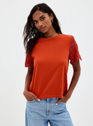 Contemporaine Womens Organic cotton crocheted sleeve T-shirt