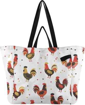 Generic Rooster Red print Reusable Canvas Tote Bag, Heavy Duty Grocery Shopping Bag with Hard Bottom Large Capacity Double Handles Work Groceries Travel