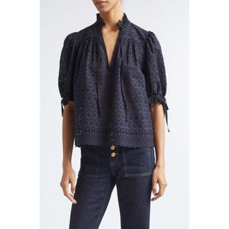 Ulla Johnson Alouette Eyelet Puff Shoulder Top in Midnight at Nordstrom, Size 10