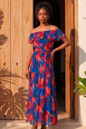 Roman Womens Floral Print Bardot Belted Maxi Dress - Navy - Size 18 UK