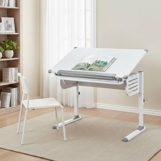 Dmora Bureau R&eacute;glable En Hauteur Avec &Eacute;tag&egrave;re Inclinable, En M&eacute;tal Blanc, 110x68x55-78 Cm - Dmora