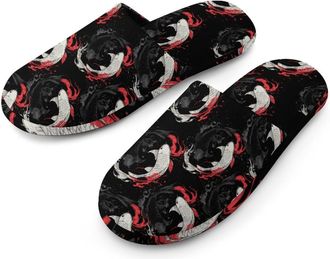 Generic Yin And Yang Fish Flannel Mens Slip-on Slippers Winter Warm House Shoes with Rubber Sole for Home Hotel