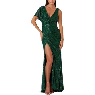 Mac Duggal Sequined Asymmetrical Draped Trumpet Gown in Emerald at Nordstrom, Size 12