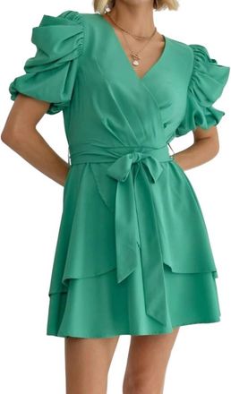 Entro Agatha Surplice Ruched Sleeve Tiered Mini Dress In Fern