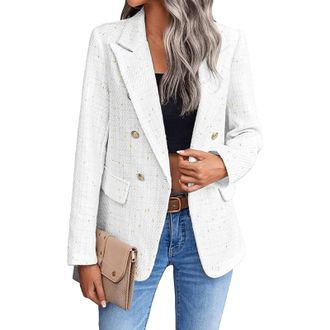 Generic Womens Tweed Blazer Elegant Lapel Collar Notched Lapel Long Sleeve Slim Fit Suit Jacket Business Casual Autumn Cardigan Office Wear for Work Wedding a