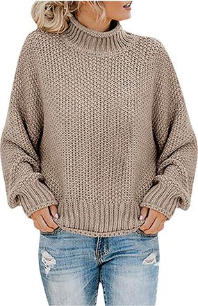 Generic Womens Turtleneck Jumpers Long Sleeve Sweater Block Color Patchwork Casual Loose Jumpers Plus Size Chunky Knitted Pullover Tops Knitwear Round Neck Cl