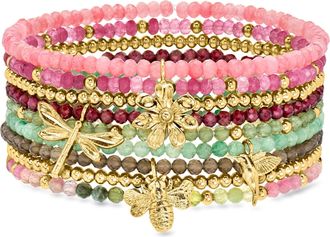 Ross-Simons Multi-Gemstone and 14kt Yellow Gold-Plated Jewelry Set: 9 Bead Stretch Bracelets With Nature Charms