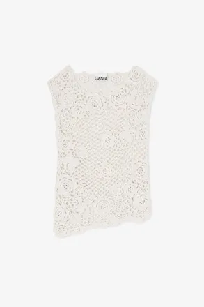 Ganni White Knit Top in Cotton Crochet - Size XXS Organic