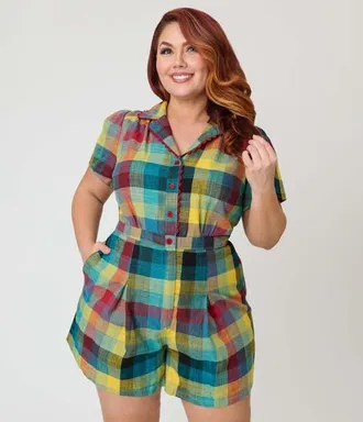 Unique Vintage Plus Size Button Front Romper in Madras Plaid Print at Nordstrom, Size 3X