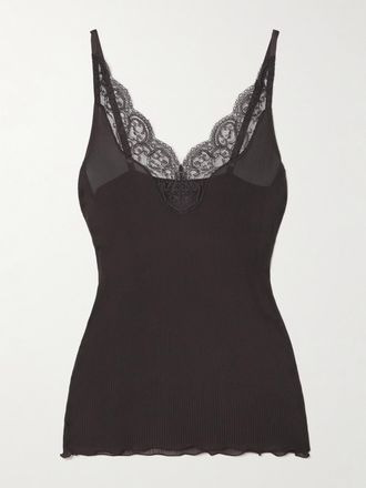 Saint Laurent Canotta In Jersey Di Seta A Coste Con Finiture In Pizzo - Marrone