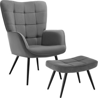 TecTake Armchair Hygge With Stool - Fine Cord Anthracite/Black in Dark Grey