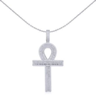 Jewelco London Silver Baguette CZ Encrusted Ribbed Ankh Cross Pendant