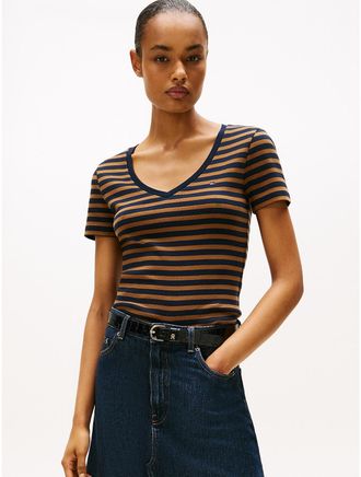 Tommy Hilfiger Womens V-Neck Stripe Favorite T-Shirt - Navy Blue - XXS