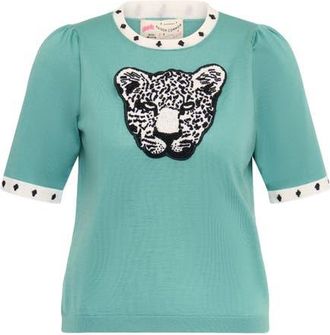 Maison Common Light Pullover With Contrast Piping with Leopard Head Application in Mint at Nordstrom, Size X-Small