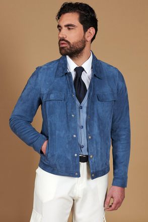 D'Arienzo Giacca pelle camoscio blu denim bottoni e collo camicia DArienzo, Seleziona Taglia 52, Colore Blu