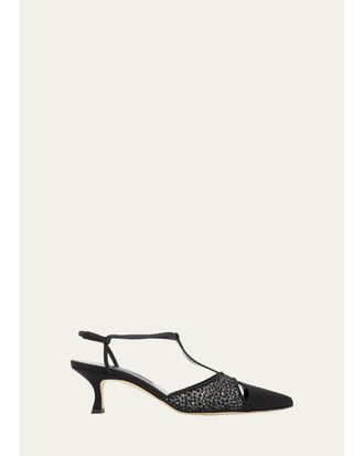 Manolo Blahnik 50mm Turgimodla Laser-Cut Suede T-Strap Pumps