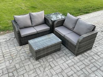 Fimous Outdoor Lounge Sofa Set Rattan Garden Furniture Set with Rectangular Coffee Table Side Table Dark Grey Mixed