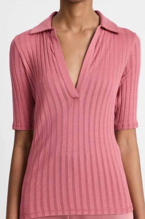 Vince Cotton Elbow Sleeve Polo In Peony Wood