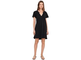 Mod-o-doc Short Sleeve Shirred Split-Neck Dress Womens Dress Black : LG (US 12-14), Cotton
