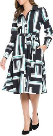 London Times Tie Waist Long Sleeve Shirtdress in Black/S Green at Nordstrom Rack, Size 14P