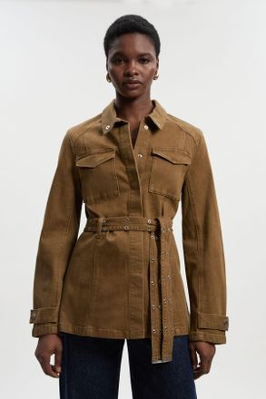 Karen Millen Womens Denim Utility Belted Jacket - Tan Cotton - Size 8 UK