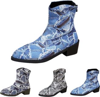 Generic Womens Fashion Mid Calf Boots Casual Low Heel Slip On Western Boots for Fall Spring Daily Wear Travel Outfit Cowboy Style Booties(Light Blue, 5.5)