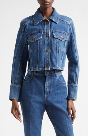 Balmain Crop Denim Jean Jacket in 6Ex Bleu Jean Dark at Nordstrom, Size 12 Us