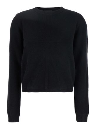 Moncler Biker Black Crewneck Sweater With Logo Patch On The Sleeve In Wool And Cashmere Blend Woman
