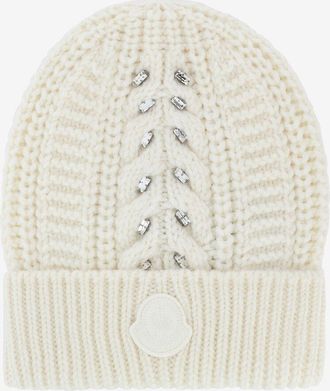 Moncler Zopfstrick-M&uuml;tze aus Wolle und Mohair mit Kristallen