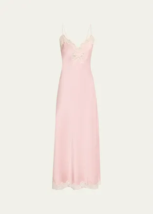 LoveShackFancy Lomira Bow Applique Satin Slip Dress