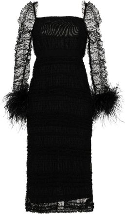Self Portrait feather-cuffs point desprit midi dress - women - Polyamide/Polyester/Spandex/Elastane/Ostrich Feather/Polyester - 6 - Black