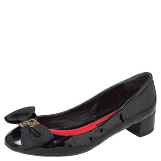 Carolina Herrera Black Patent Leather Bow Block Heel Pumps
