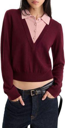 Good American The Two-in-One Merino Wool V-Neck Sweater in Berry Noir With Blush at Nordstrom, Size X-Small