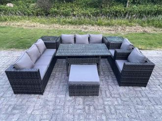 Fimous 9 Seater Outdoor Wicker Garden Furniture Rattan Lounge Sofa Set Dining Table 2 Armchair 2 Side Table Stool in Dark Grey