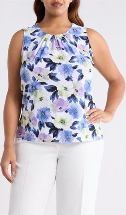 Kasper Floral Print Shirred Shell in Lily White Multi at Nordstrom, Size 1X