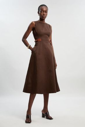 Karen Millen Womens Tailored Linen Tab Waist Detail Full Skirt Midi Dress - Chocolate Lyocell - Size 14 UK