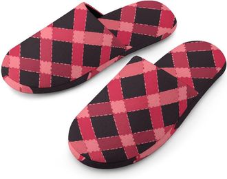 Generic Red Stripes Black Checkered Geometric Warm Mens Slippers Slip On Soft Fleece House Shoes Winter Indoor Outdoor