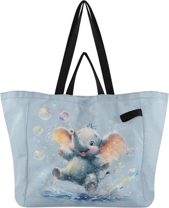 Generic Elephant Blue Bubble print Reusable Canvas Tote Bag, Heavy Duty Grocery Shopping Bag with Double Handles Large Capacity Hard Bottom Work Groceries Tra