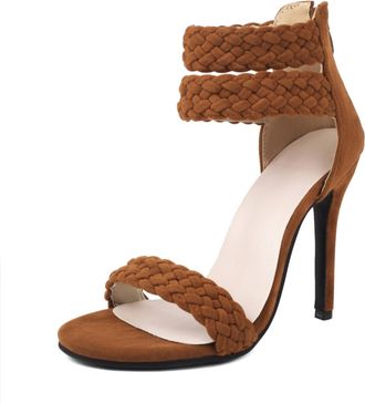 Generic Womens Braided Suede Ankle Strap Sandals Stiletto Heel Open Toe High Heel Dress Shoes Elegant Evening Pumps Court Shoes Back Zipper,Brown,6.5 UK