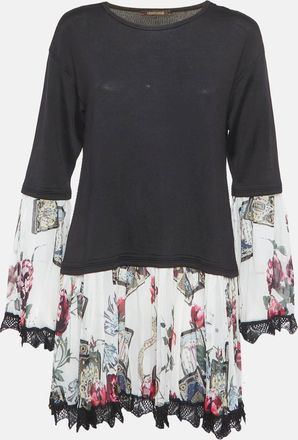 Roberto Cavalli Black Knit And Plisse Silk Mini Dress