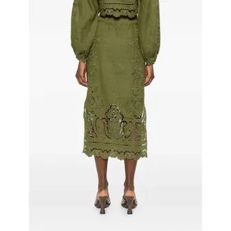 Farm Rio Floral Cut-Out Linen Skirt - Green