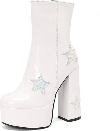 Generic Womens Sweet Platform Chunky Heel Ankle Boots Shiny Dress Booties with Side Zipper,White,7.5 UK